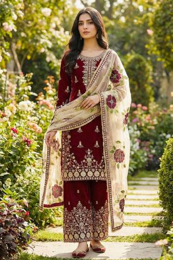 Maroon festive wear designer pure gmy silk heavy embroidery sequence work readymade suit