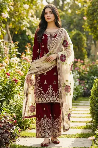 Maroon festive wear designer pure gmy silk heavy embroidery sequence work readymade suit