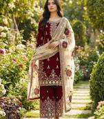 Maroon festive wear designer pure gmy silk heavy embroidery sequence work readymade suit