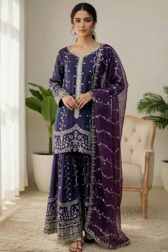 Purple festive wear designer pure fendy silk sequence work readymade suit