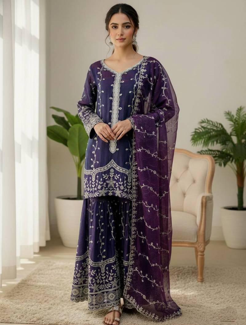 Purple festive wear designer pure fendy silk sequence work readymade suit
