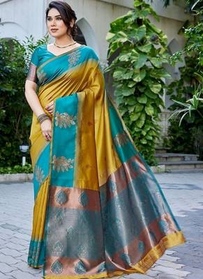 Teal & mustard gold zari woven banarasi silk saree traditional party wear with blouse 1