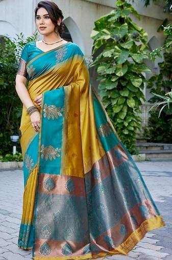 Teal & mustard gold zari woven banarasi silk saree traditional party wear with blouse