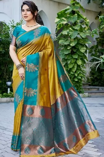 Teal & mustard gold zari woven banarasi silk saree traditional party wear with blouse
