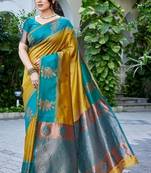 Teal & mustard gold zari woven banarasi silk saree traditional party wear with blouse