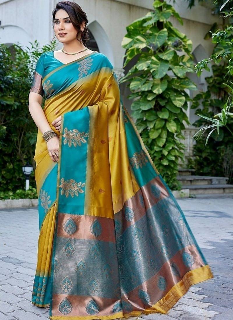 Teal & mustard gold zari woven banarasi silk saree traditional party wear with blouse