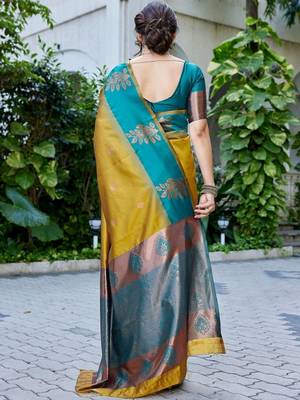 Teal & mustard gold zari woven banarasi silk saree traditional party wear with blouse 2