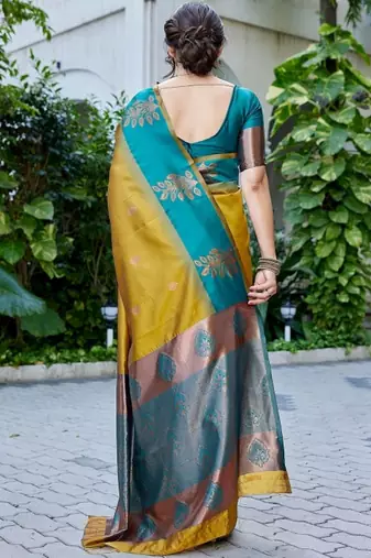 Teal & mustard gold zari woven banarasi silk saree traditional party wear with blouse
