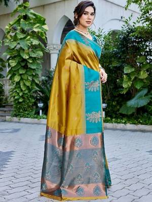 Teal & mustard gold zari woven banarasi silk saree traditional party wear with blouse 3