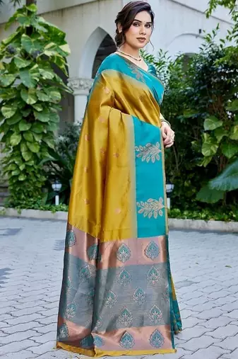 Teal & mustard gold zari woven banarasi silk saree traditional party wear with blouse