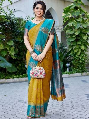 Teal & mustard gold zari woven banarasi silk saree traditional party wear with blouse 4