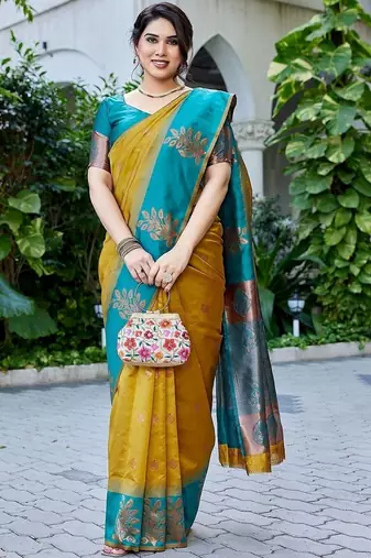 Teal & mustard gold zari woven banarasi silk saree traditional party wear with blouse
