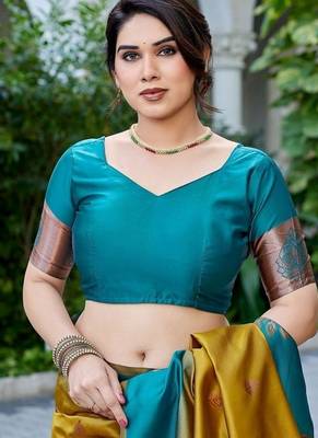 Teal & mustard gold zari woven banarasi silk saree traditional party wear with blouse 5