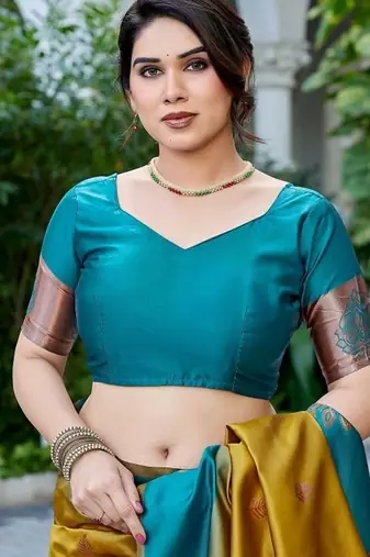Teal & mustard gold zari woven banarasi silk saree traditional party wear with blouse