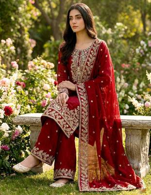 Maroon festive wear designer pure gmy silk heavy embroidery sequence work readymade suit 2