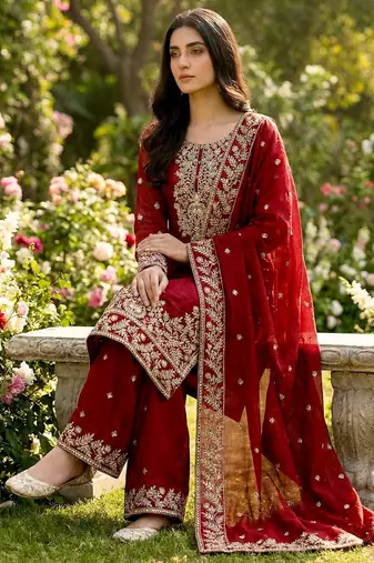 Maroon festive wear designer pure gmy silk heavy embroidery sequence work readymade suit