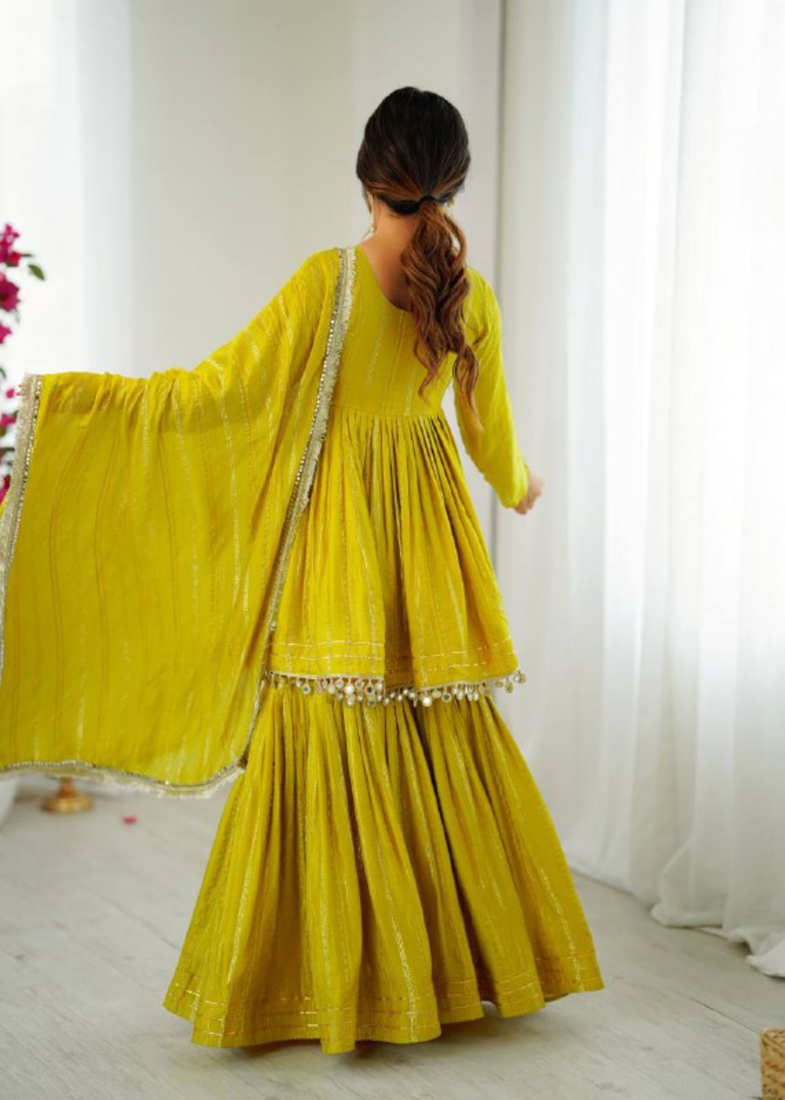 Yellow festive wear designer mal chanderi real mirror with handwork readymade suit