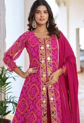 Pink festive wear designer fox georgette mirror with thread with embroidery work readymade suit 2