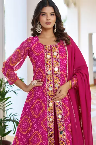 Pink festive wear designer fox georgette mirror with thread with embroidery work readymade suit