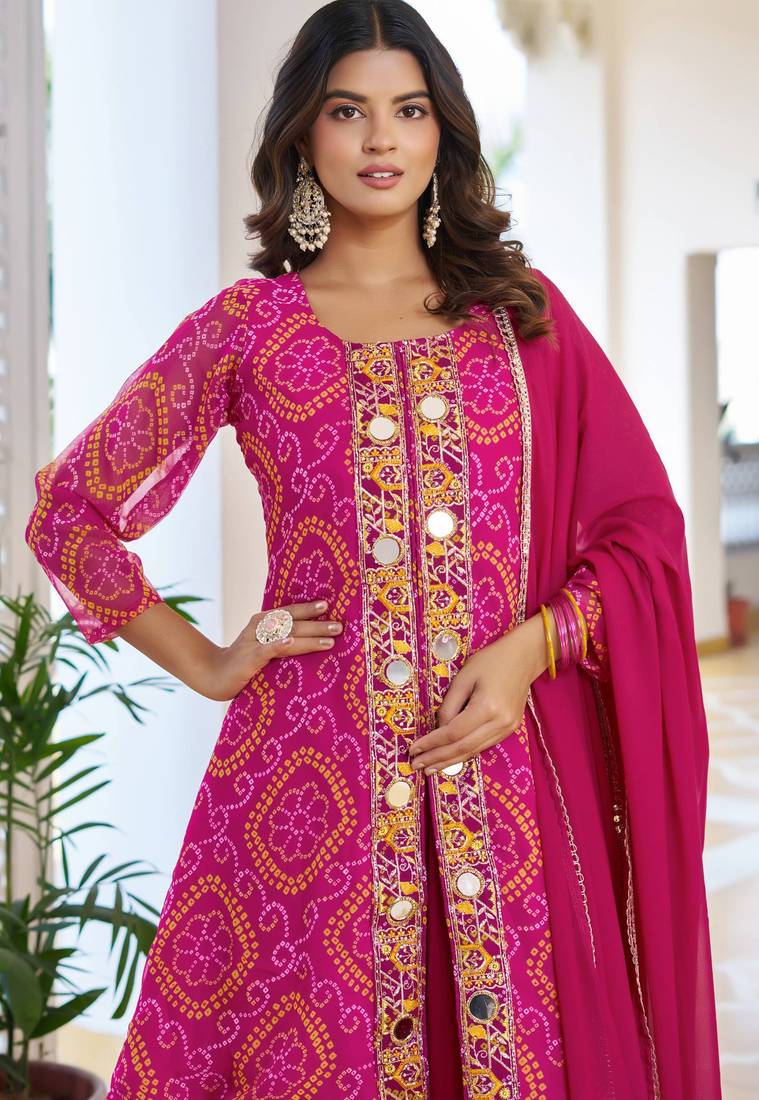 Pink festive wear designer fox georgette mirror with thread with embroidery work readymade suit