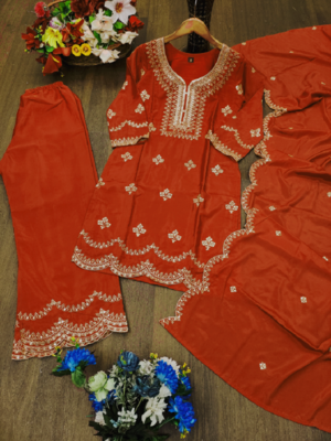 Red festive wear designer natural crepe sequence embroidery work readymade suit 4
