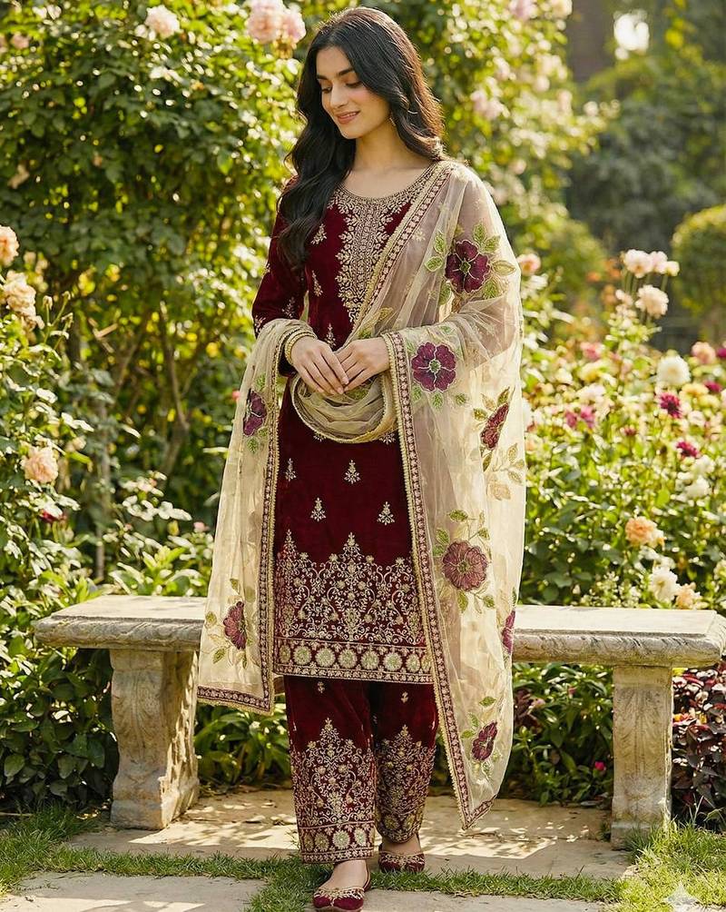 Maroon festive wear designer pure gmy silk heavy embroidery sequence work readymade suit