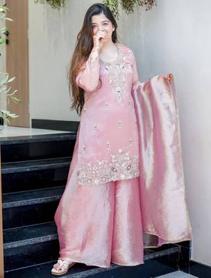 Pink festive wear designer pure jimmy choo silk embroidery sequence work readymade suit 2