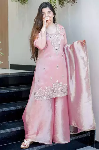 Pink festive wear designer pure jimmy choo silk embroidery sequence work readymade suit