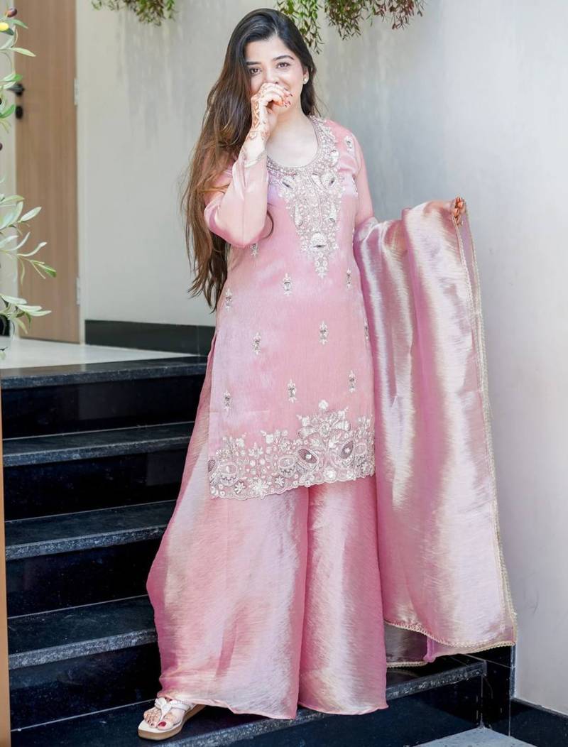 Pink festive wear designer pure jimmy choo silk embroidery sequence work readymade suit
