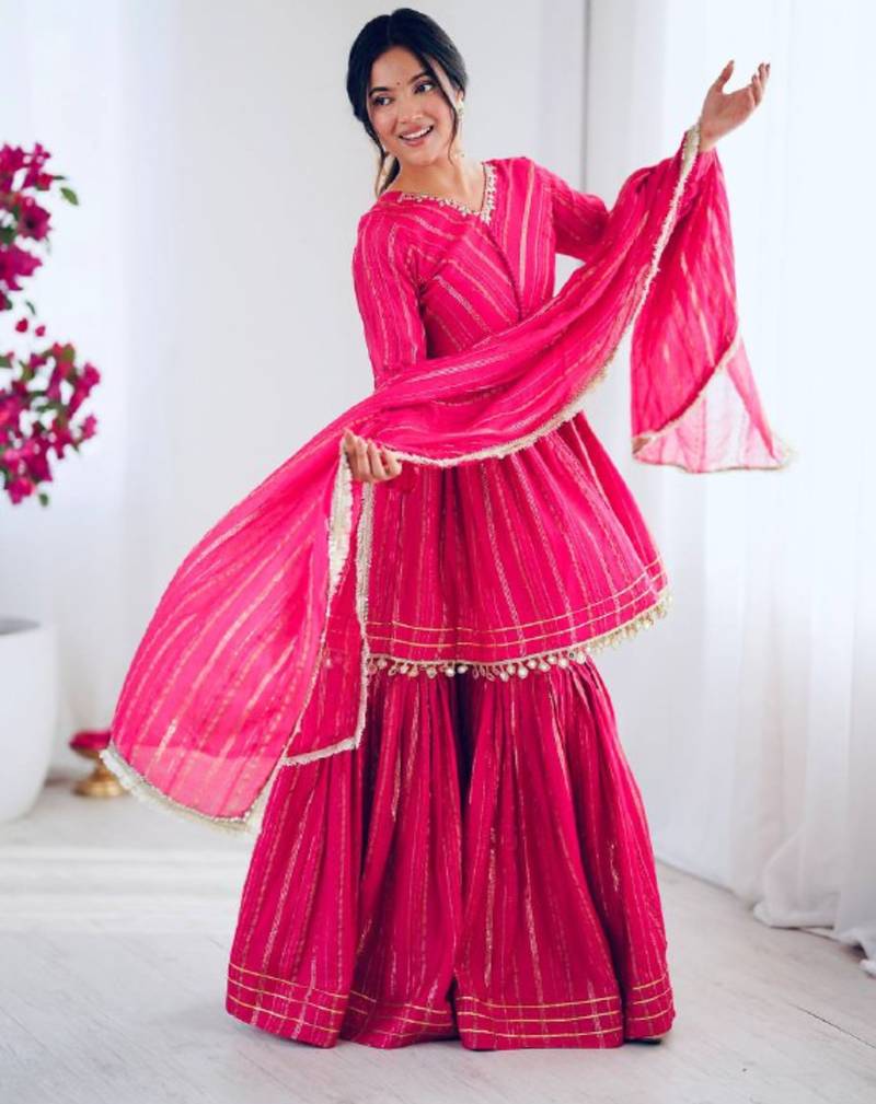 Pink festive wear designer mal chanderi real mirror with handwork readymade suit