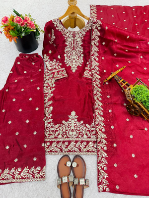 Maroon festive wear designer pure gmy silk heavy embroidery sequence work readymade suit 3