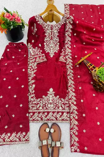 Maroon festive wear designer pure gmy silk heavy embroidery sequence work readymade suit