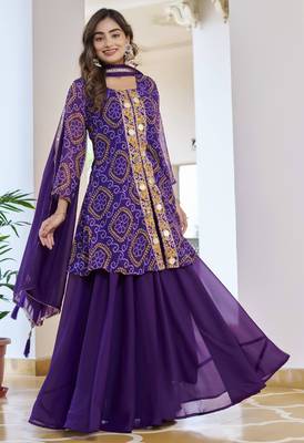Purple festive wear designer fox georgette mirror with thread with bids look embroidery work readymade suit 2