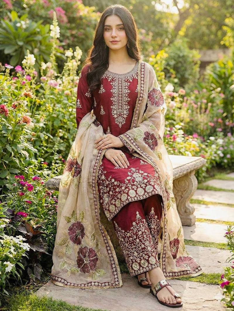 Maroon festive wear designer pure gmy silk heavy embroidery sequence work readymade suit