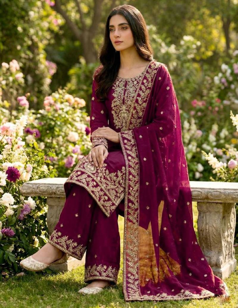 Purple festive wear designer pure gmy silk heavy embroidery sequence work readymade suit
