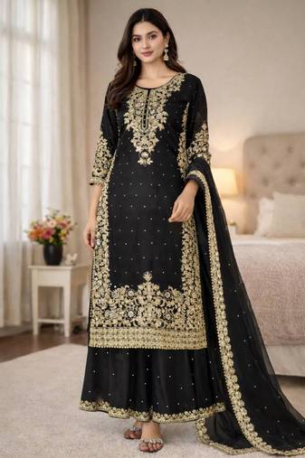 Black festive wear designer pure gmy silk heavy embroidery coding sequence work with moti work readymade suit