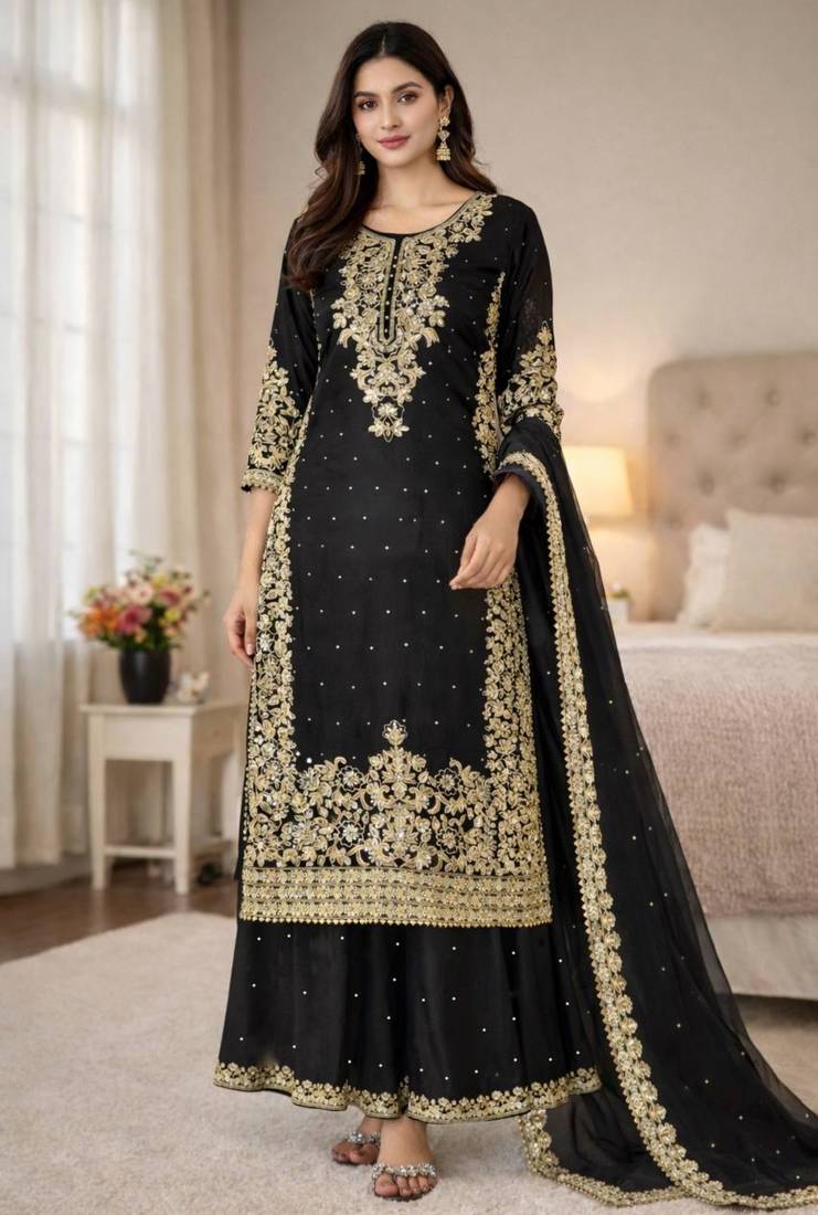 Black festive wear designer pure gmy silk heavy embroidery coding sequence work with moti work readymade suit