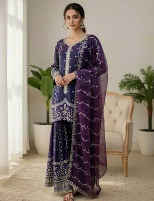 Purple festive wear designer pure fendy silk sequence work readymade suit 2