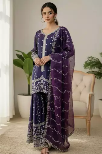 Purple festive wear designer pure fendy silk sequence work readymade suit