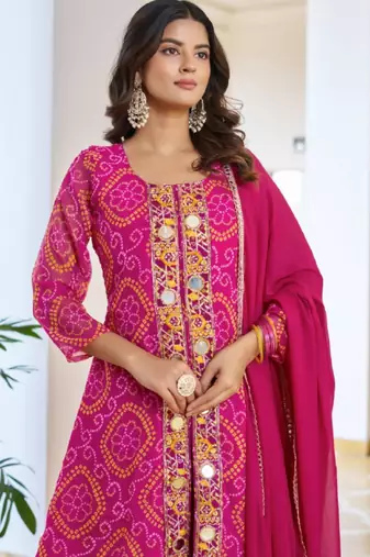 Pink festive wear designer fox georgette mirror with thread with embroidery work readymade suit