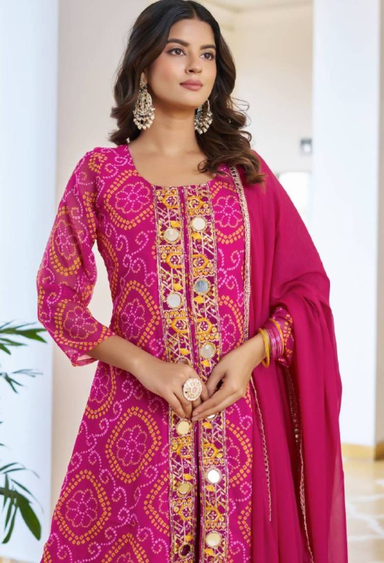 Pink festive wear designer fox georgette mirror with thread with embroidery work readymade suit