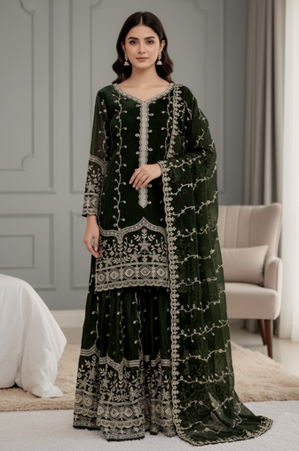 green festive wear designer pure fendy silk sequence work readmade suit