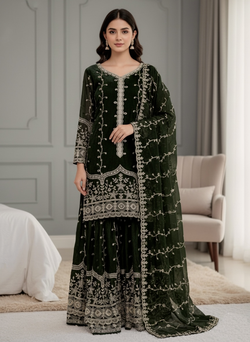 green festive wear designer pure fendy silk sequence work readmade suit