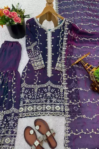 Purple festive wear designer pure fendy silk sequence work readymade suit