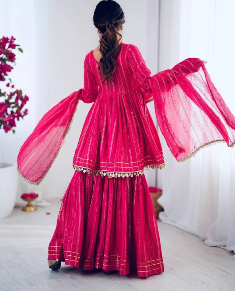 Pink festive wear designer mal chanderi real mirror with handwork readymade suit
