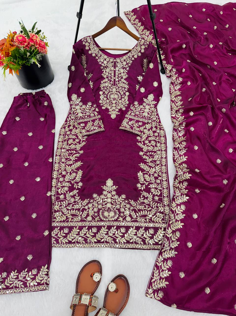 Purple festive wear designer pure gmy silk heavy embroidery sequence work readymade suit