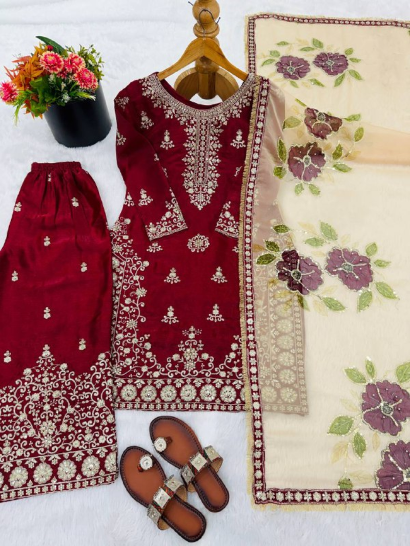 Maroon festive wear designer pure gmy silk heavy embroidery sequence work readymade suit