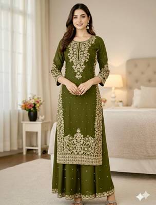 Mehendi green festive wear designer pure gmy silk embroidery coding sequence work with moti work readymade suit 2