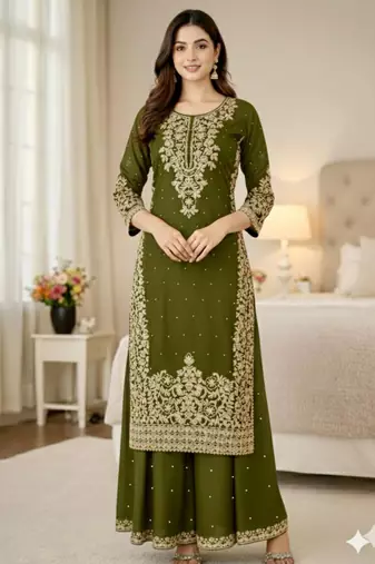 Mehendi green festive wear designer pure gmy silk embroidery coding sequence work with moti work readymade suit