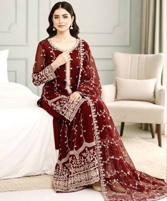 Maroon festive wear designer pure fendy silk sequence work readymade suit 2